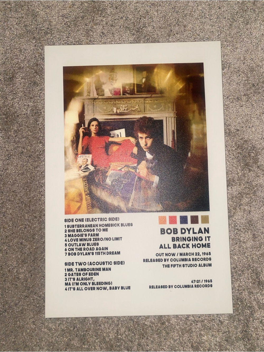 dylan Bringing It All Back Home Poster - White on canvas